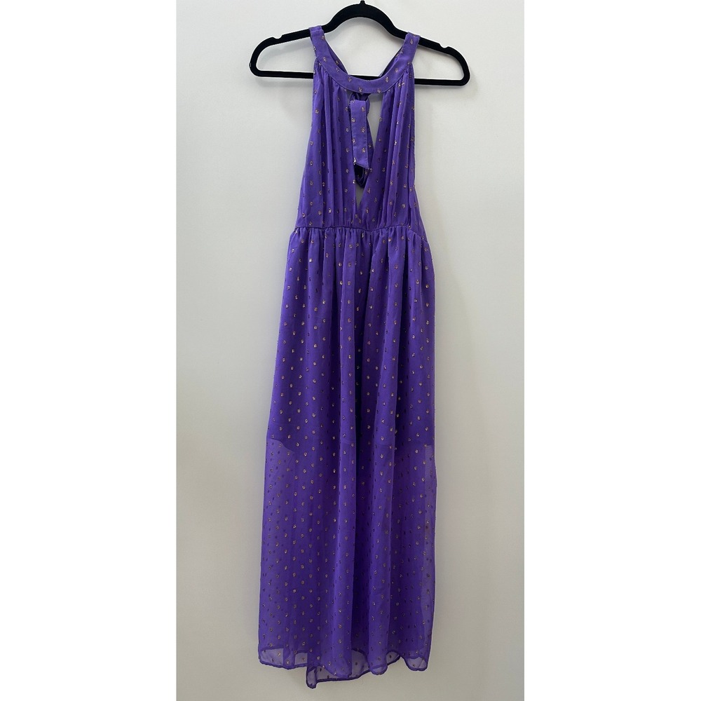 *Flaw NWT Anthropologie Celandine Beach Disco Plunging Maxi Dress Purple Gold S - Picture 2 of 16